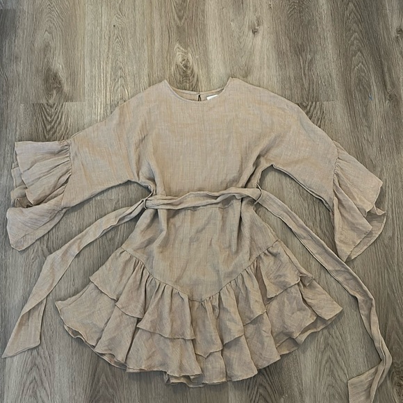 Princess Polly Dresses & Skirts - Linen light brown 3/4 sleeve ruffle mini dress